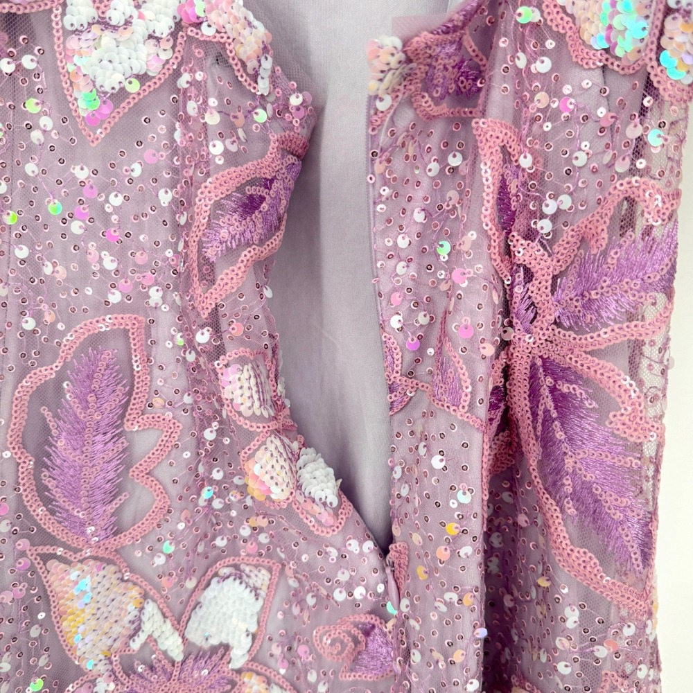 Lulus Get Up and Glow Mini Dress Lavender Sequin Embroidered Butterfly Floral S - Picture 6 of 13